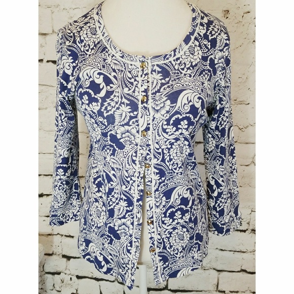 Rafaella blue & white 3/4 sleeve cardigan sz M - Picture 4 of 4